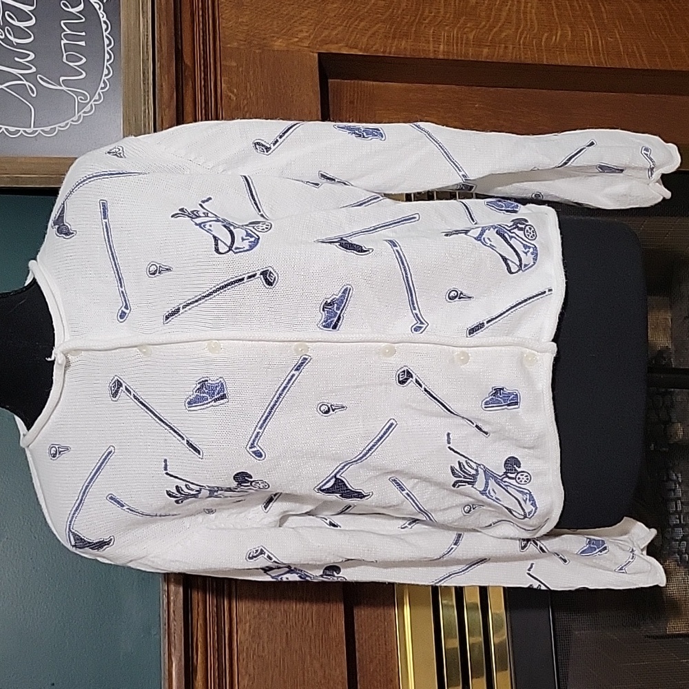 Christopher & Banks White Blue Golf Print Knit Cardigan Sweater Size Large